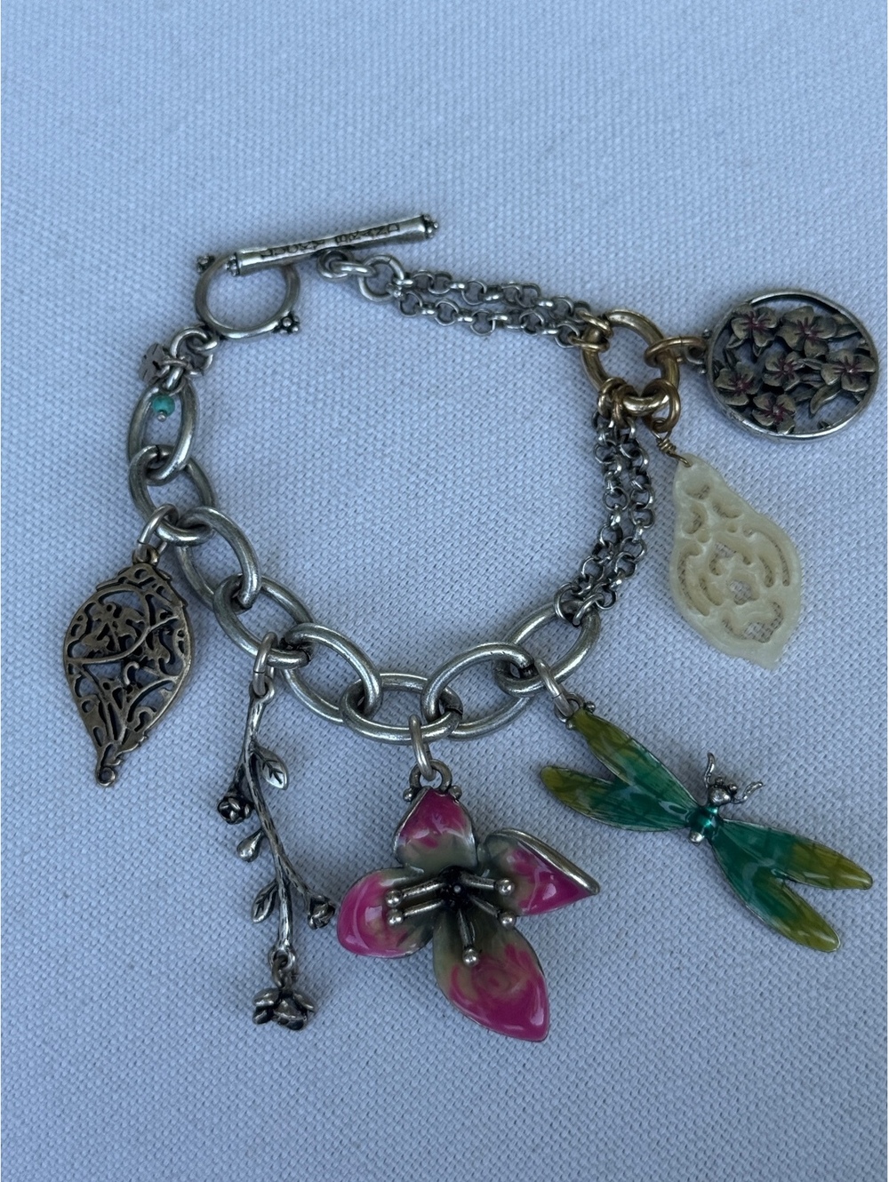 Lucky Brand Silver Tone Charm Bracelet with Dragonfly and Flower Charms